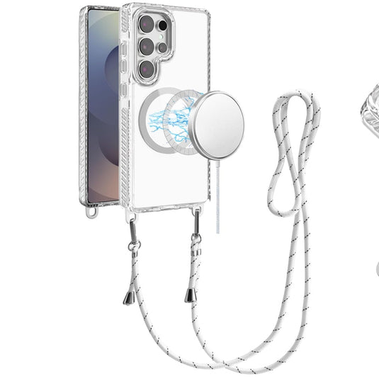 For Samsung s25 Ultra Transparent HQ Clear Line Design Edged Hybrid [Magnetic Circle] with Matching Lanyard - White