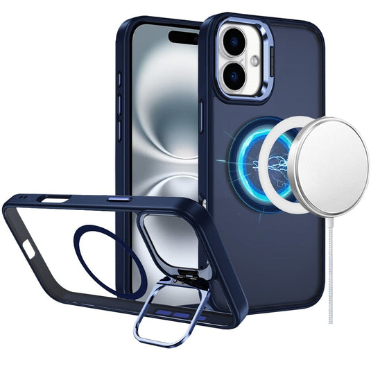 For iPhone 16 6.1 inch Fearless Tough HQ Metallic Hybrid with Camera Ring Stand [Magnetic Circle] Case - Navy Blue