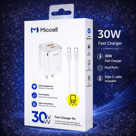 MICCELL [DUAL PORT WALL CHARGER - Cable ] (30W TypeC-TypeC USB-A-TypeC PD-TypeC 1M WHITE) - (LANE D19 ITEM 3)