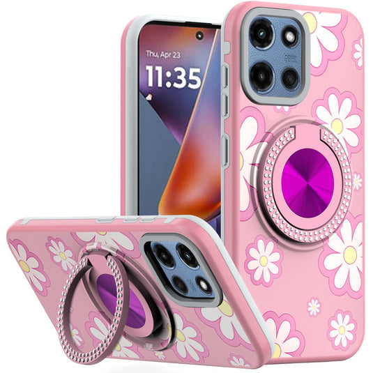 For Moto G 5G 2025/2026 - G Play 2026 - Metal Diamond CD Pattern Design Matte Finished Hybrid with Rotational Ring [Car Mount Friendly] Case - Floral D