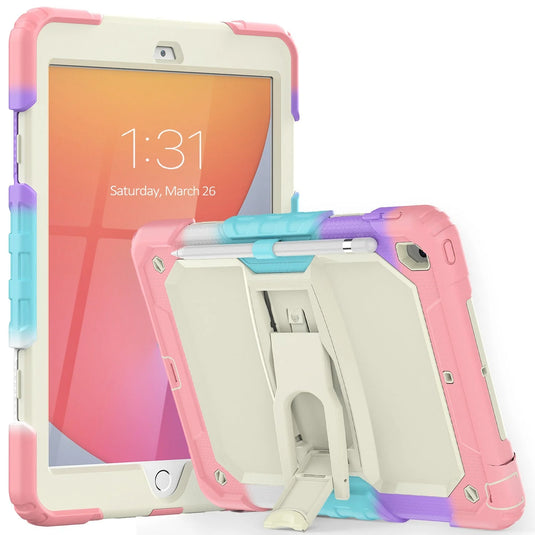For Apple iPad 9th Gen 10.2 inch (2021) Heavy Duty Full Body Rugged Tablet Kickstand Case Cover - Beige/Camo Pink Apple iPad 9th 8th 7th Gen 10.2 inch Beige-Camo Pink