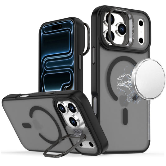 For iPhone 17 Pro Magnetic Matte Camera Metallic Stand Hybrid Case - Black