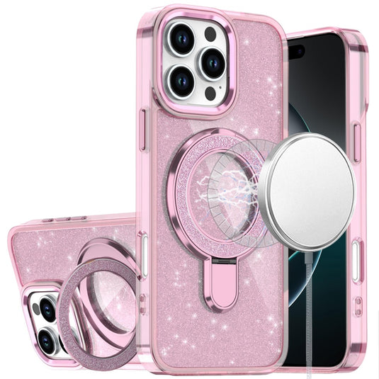 For iPhone 16 Pro Max 6.9 Transparent Glitter Rotaional Magnetic Ring Stand HQ Hybrid - Light Pink