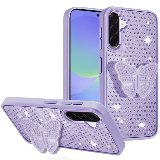 For Samsung Galaxy A37 Butterfly Moveable Grip Stand With Small Diamonds Meta Buttons HQ Hybrid - Purple