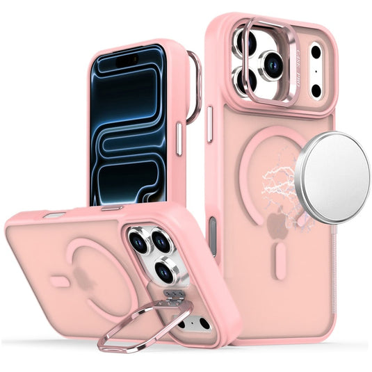 For iPhone 17 Pro Max Magnetic Matte Camera Metallic Stand Hybrid Case - Pink
