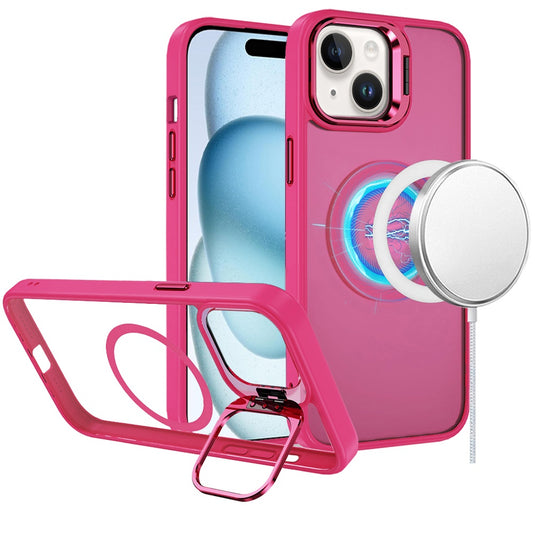 For iPhone 15 Fearless Tough HQ Metallic Hybrid with Camera Ring Stand [Magnetic Circle] Case - Hot Pink