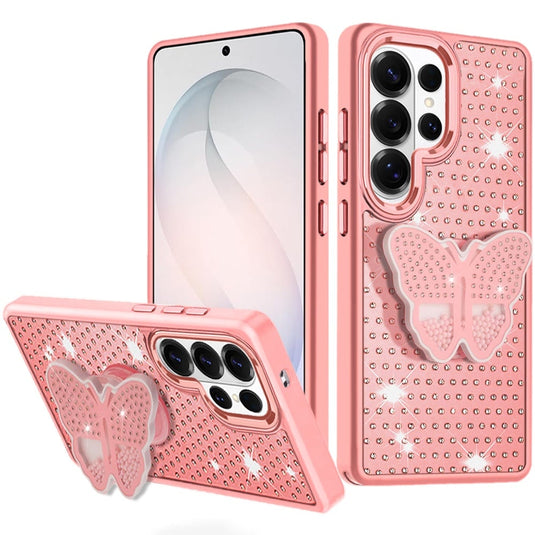 For Samsung s26 Ultra Butterfly Moveable Grip Stand With Small Diamonds Meta Buttons HQ Hybrid - Pink