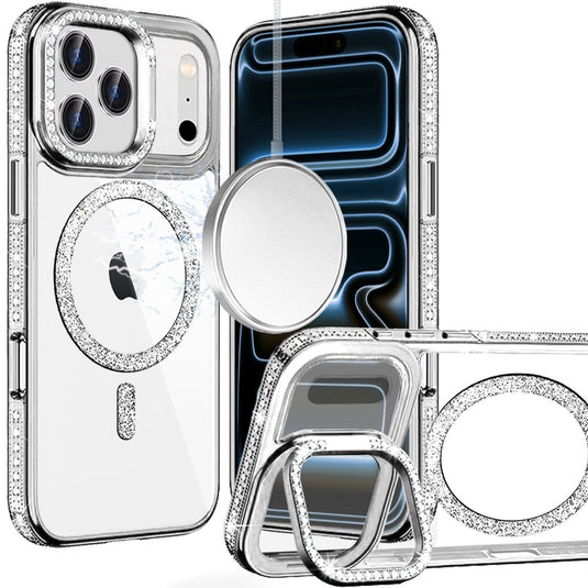 For iPhone 17 Pro Luxury Diamond Edged Magnetic Glitter Circle Hybrid with Camera Stand - Silver