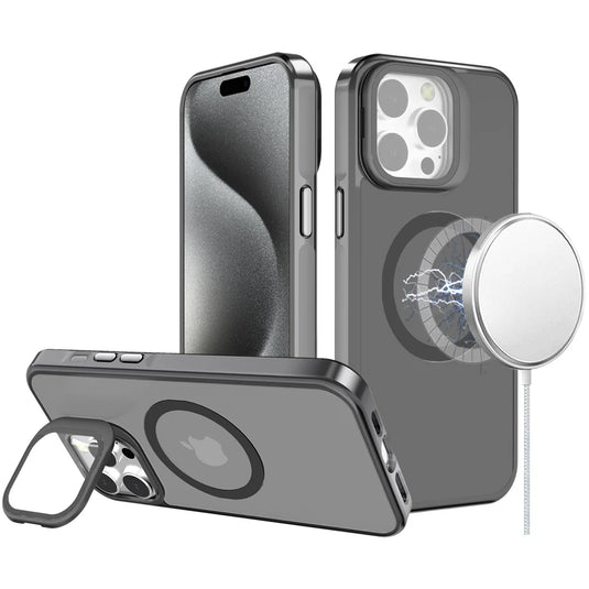 For iPhone 15 Frame Aluminium Camera Stand Metallic Buttons [Magnetic Circle] Tough HQ Hybrid Case - Gray