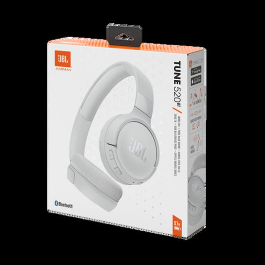 JBL Tune 520BT - Wireless On-Ear Headphones, Up to 57H Battery Life and Speed Charge, Lightweight, Comfortable and Foldable Design, Hands-Free Calls with Voice Aware - White