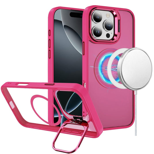 For iPhone 16 Pro Max 6.9 inch Fearless Tough HQ Metallic Hybrid with Camera Ring Stand [Magnetic Circle] Case - Hot Pink