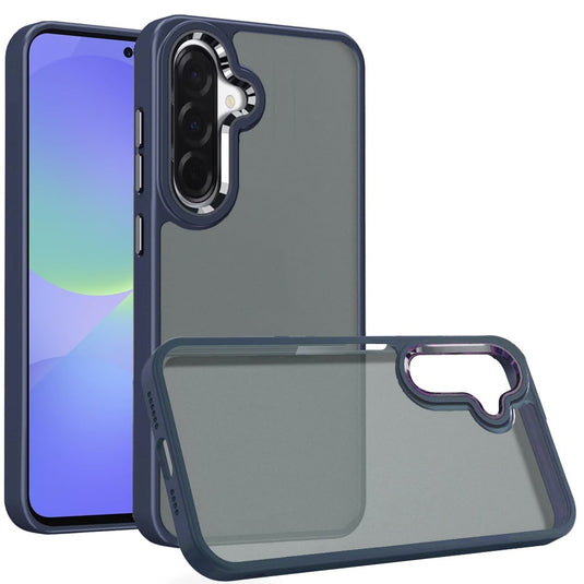 For Samsung Galaxy A37 Polished Oil Thick Acrylic Metal Button Hybrid Case Cover - Dark Blue