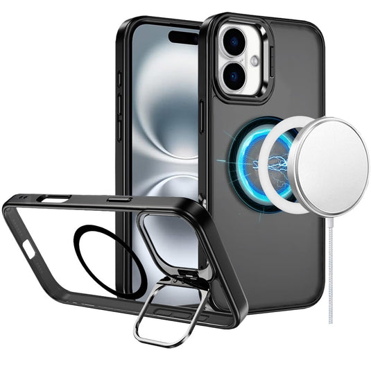 For iPhone 16 Plus 6.7 inch Fearless Tough HQ Metallic Hybrid with Camera Ring Stand [Magnetic Circle] Case - Black