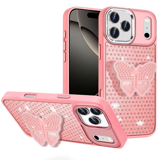 For iPhone 17 Pro Max Butterfly Moveable Grip Stand With Small Diamonds Meta Buttons HQ Hybrid - Pink