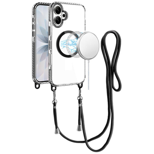 For iPhone 17 Transparent HQ Clear Line Design Edged Hybrid [Magnetic Circle] with Matching Lanyard - Black