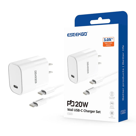 ESEEKGO T-22UC PD20 Wall Charger Travel Adapter Type-C To Type-C Fast Charging Cable - WHITE (LANE B4 ESEEK#32)