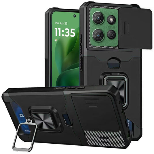 For Moto G Power 2026/2025 Multi-Functional Card Magnetic Ring Stand Hybrid Camera Case Cover - Black