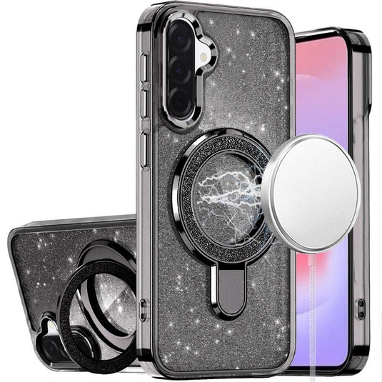 For Samsung Galaxy A37 Transparent Glitter Rotaional Magnetic Ring Stand HQ Hybrid - Black