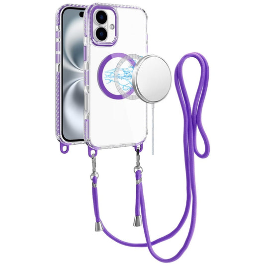 For iPhone 16 6.1 inch Transparent HQ Clear Line Design Edged Hybrid [Magnetic Circle] with Matching Lanyard - Dark Purple