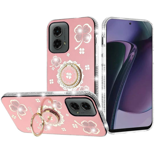 For Motorola Moto G Stylus 5G 2024 Splendid Glitter with Diamonds All Around Edges Ring Stand Case Cover - Pink