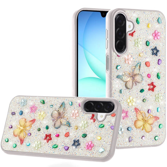 For Samsung A17 5G Butterfly Ornaments Diamond Bling Glitter Hybrid Case - White