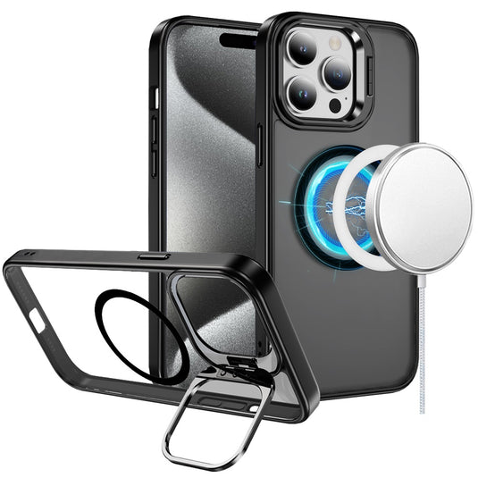 For iP15 Pro Max Fearless Tough HQ Metallic Hybrid with Camera Ring Stand [Magnetic Circle] Case - Black
