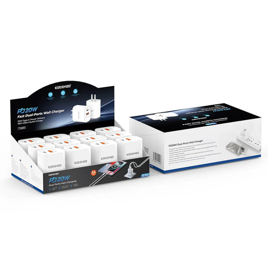 12 PIECES IN A BOX - ESEEKGO T-32US 20W USB-A+USB-C Travel Adapter Set - WHITE (LANE B2 - EESEEKGO#48)