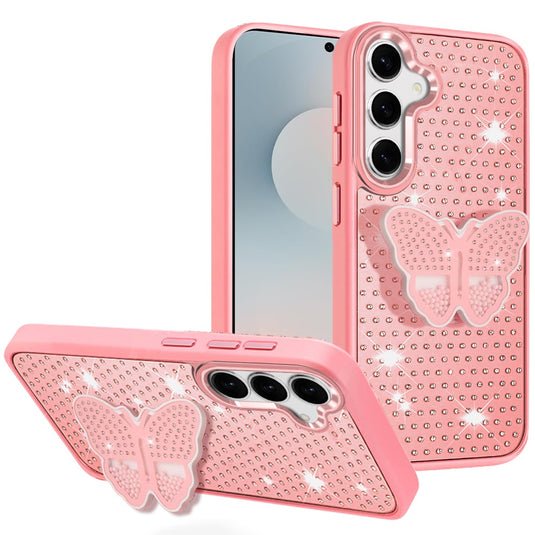 For Samsung s25 FE Butterfly Moveable Grip Stand With Small Diamonds Meta Buttons HQ Hybrid - Pink