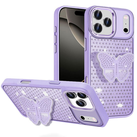 For iPhone 17 Pro Butterfly Moveable Grip Stand With Small Diamonds Meta Buttons HQ Hybrid - Purple
