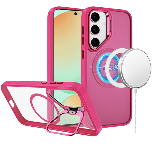 For Samsung S24 FE Fearless Tough HQ Metallic Hybrid with Camera Ring Stand [Magnetic Circle] Case - Hot Pink