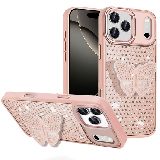For iPhone 17 Pro Max Butterfly Moveable Grip Stand With Small Diamonds Meta Buttons HQ Hybrid - Rose Gold
