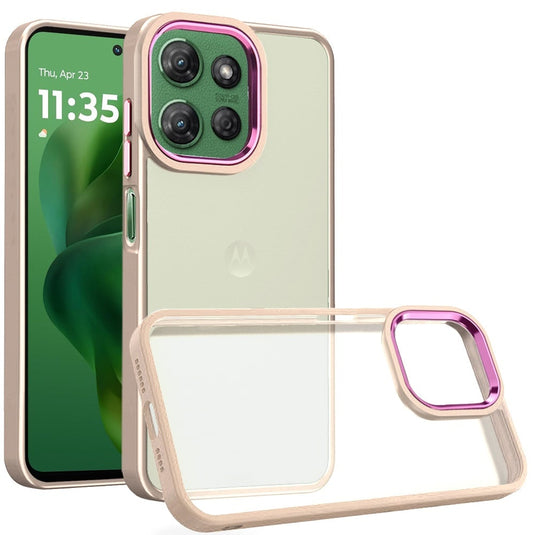 For Moto G Power 2026/2025 Polished Oil Thick Acrylic Metal Button Hybrid Case Cover - Beige