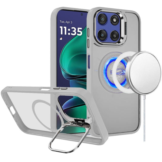 For Moto G Stylus 5G 2025 Fearless Tough HQ Metallic Hybrid with Camera Ring Stand [Magnetic Circle] Case - Clear