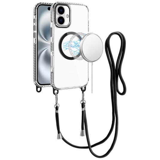 For iPhone 16 6.1 inch Transparent HQ Clear Line Design Edged Hybrid [Magnetic Circle] with Matching Lanyard - Black