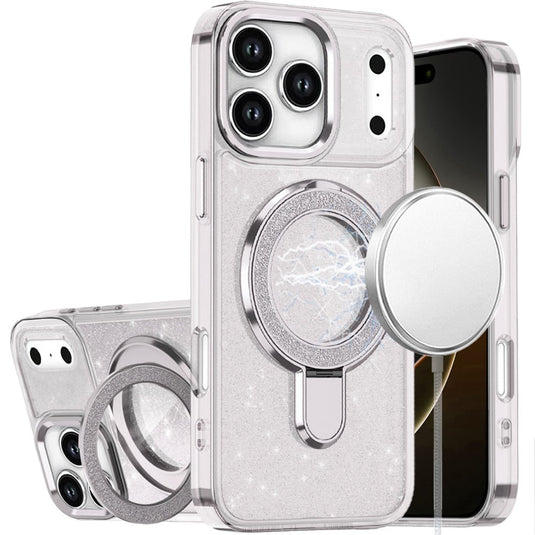 For iPhone 17 Pro Transparent Glitter Rotaional Magnetic Ring Stand HQ Hybrid - Clear