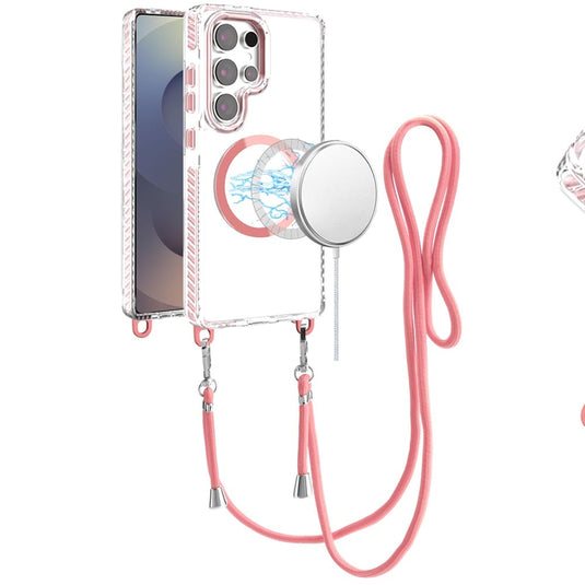 For Samsung s25 Ultra Transparent HQ Clear Line Design Edged Hybrid [Magnetic Circle] with Matching Lanyard - Light Pink