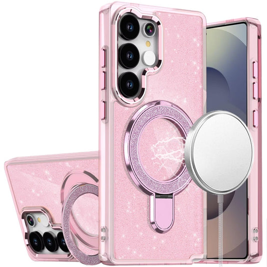 For Samsung s26 Ultra Transparent Glitter Rotaional Magnetic Ring Stand HQ Hybrid - Light Pink