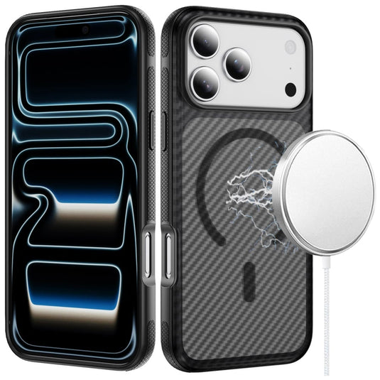 For iPhone 17 Pro Thick Carbon Design Magnetic Hybrid with Metallic Buttons Case - Black