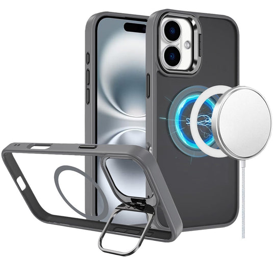 For iPhone 16 6.1 inch Fearless Tough HQ Metallic Hybrid with Camera Ring Stand [Magnetic Circle] Case - Gray