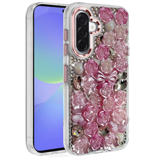 For Samsung Galaxy A37 Muti-Color Floral Bling Stones Ornaments Case - Pink
