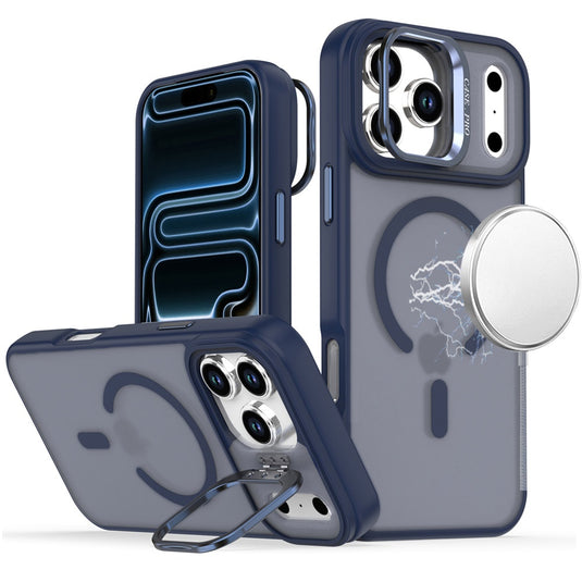 For iPhone 17 Pro Magnetic Matte Camera Metallic Stand Hybrid Case - Blue