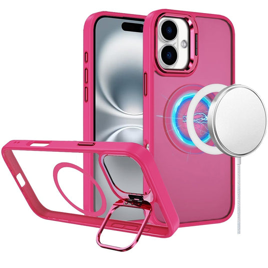 For iPhone 16 Plus 6.7 inch Fearless Tough HQ Metallic Hybrid with Camera Ring Stand [Magnetic Circle] Case - Hot Pink