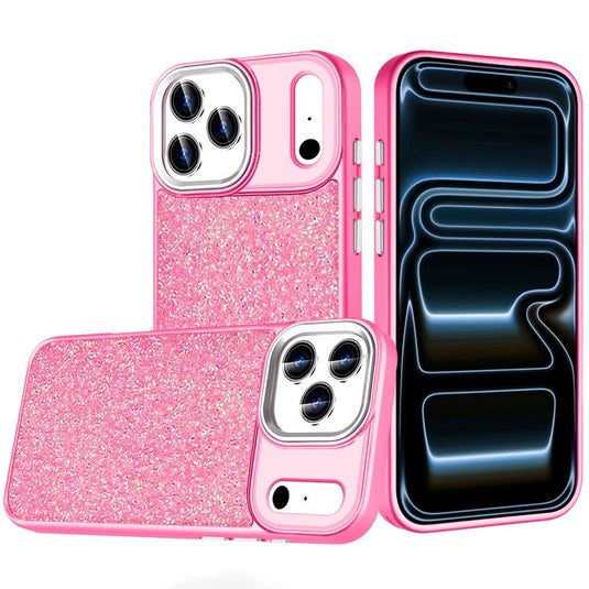 For iPhone 17 Pro Crystal Glass Diamond with Metallic Buttons and Edges Hybrid Case - Hot Pink