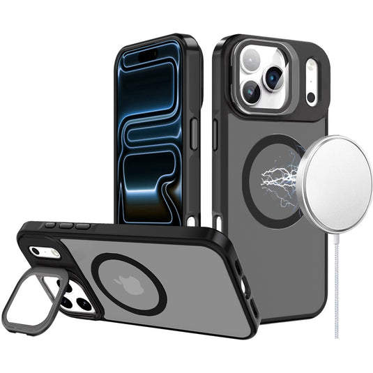 For iPhone 17 Pro Frame Aluminium Camera Stand Metallic Buttons [Magnetic Circle] Tough HQ Hybrid Case - Black