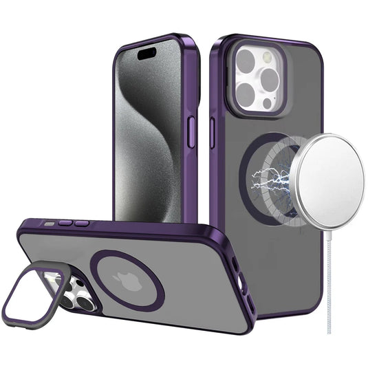 For iPhone 15 Frame Aluminium Camera Stand Metallic Buttons [Magnetic Circle] Tough HQ Hybrid Case - Purple