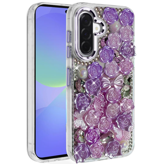 For Samsung Galaxy A37 Muti-Color Floral Bling Stones Ornaments Case - Purple