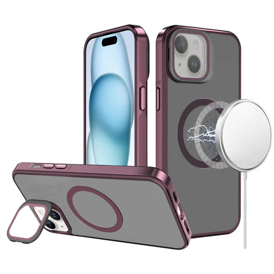 For iPhone 15 Frame Aluminium Camera Stand Metallic Buttons [Magnetic Circle] Tough HQ Hybrid Case - Burgundy