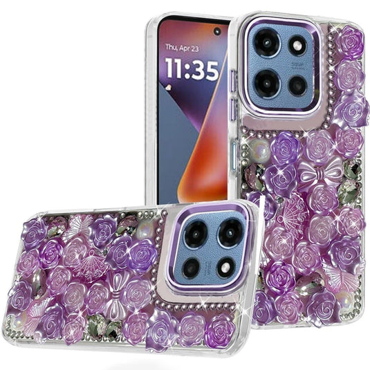 For Moto G 5G 2025/2026 - G Play 2026 - Muti-Color Floral Bling Stones Ornaments Case - Purple
