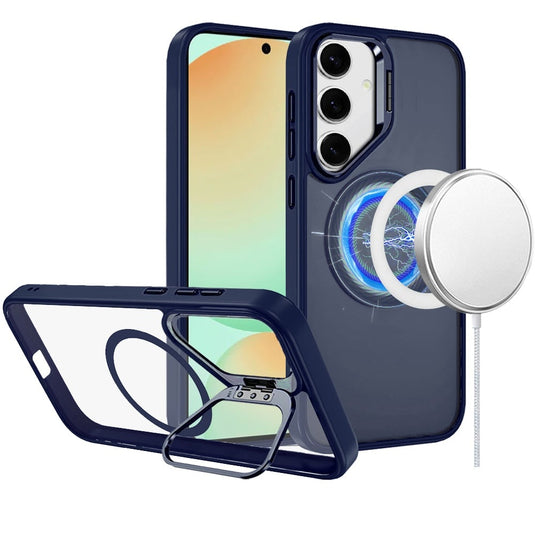 For Samsung S24 FE Fearless Tough HQ Metallic Hybrid with Camera Ring Stand [Magnetic Circle] Case - Navy Blue