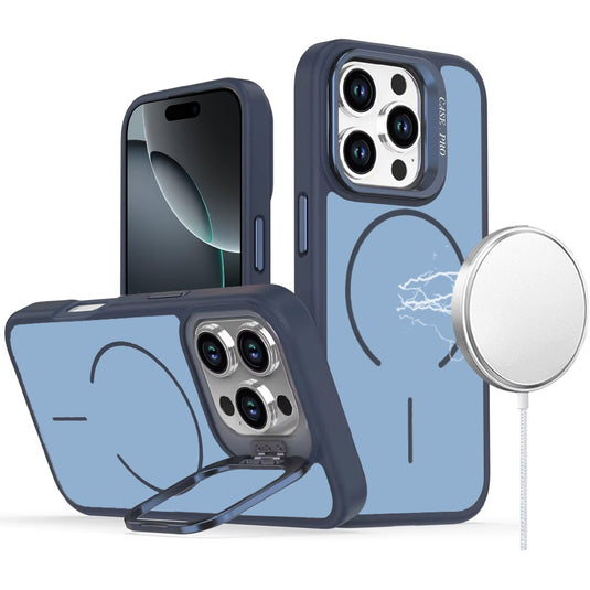 For iPhone 16 Pro Max 6.9 Premium Matte Magnetic Metal Camera Stand Hybrid Case - Navy Blue